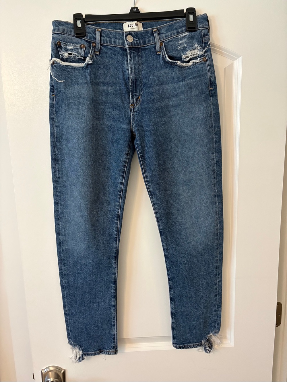 Agolde Toni Medium Blue Distressed High-Rise straight Ankle Jeans size 30. $100